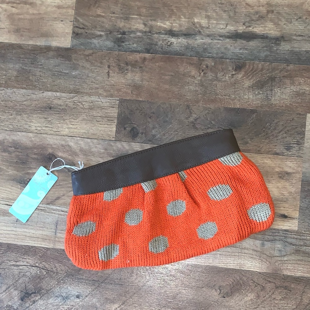 Mud Pie NWT orange polka dot knit fabric clutch handbag